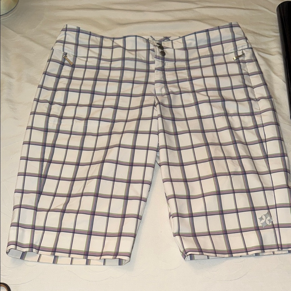 Jofit White pink, green and blue and gray Flat Front Shorts